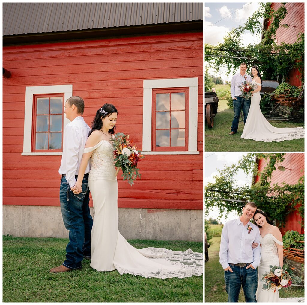 couple stands back to back before first look by Minnesota wedding photographer