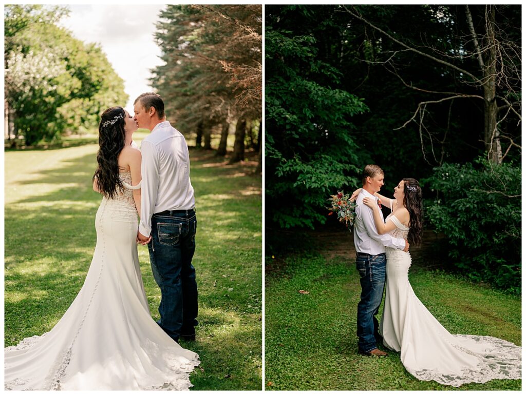 couple kisses outside before their late summer Central Minnesota wedding