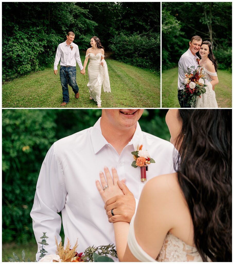 bride shows off her ring with her hand on groom's chest by Rule Creative Co