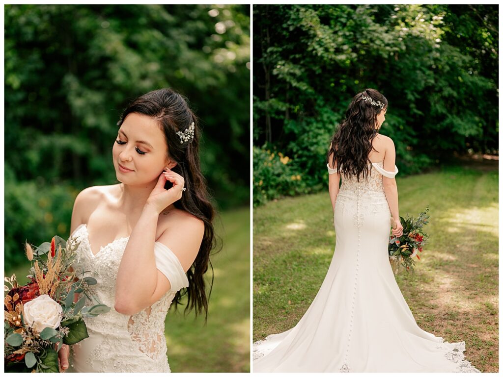 bride touches her earing at her late summer Central Minnesota wedding