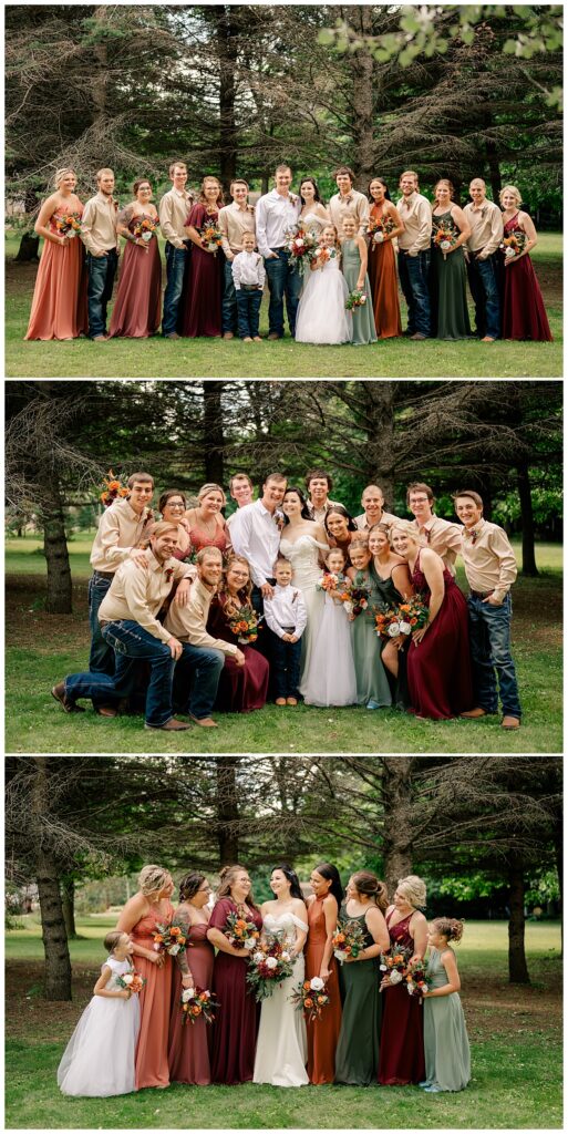 bridesmaids and groomsmen gather around the couple by Minnesota wedding photographer