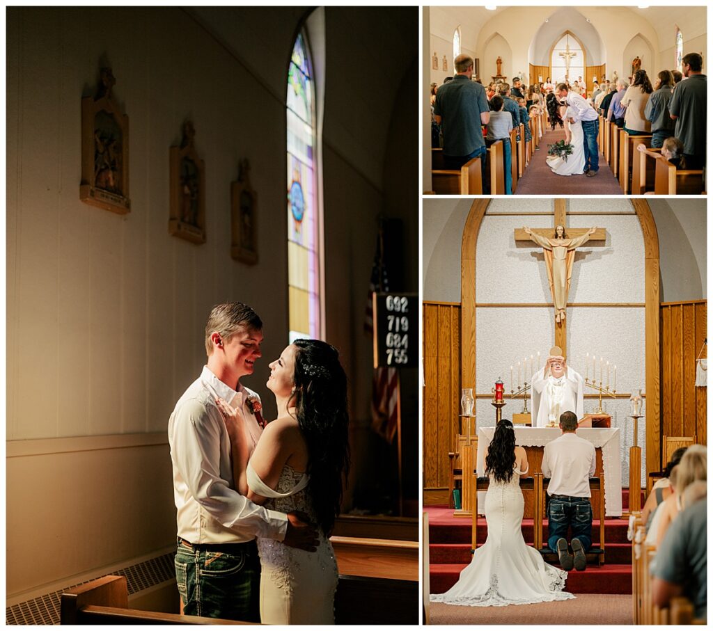 couple kneels at altar during ceremony by Minnesota wedding photographer