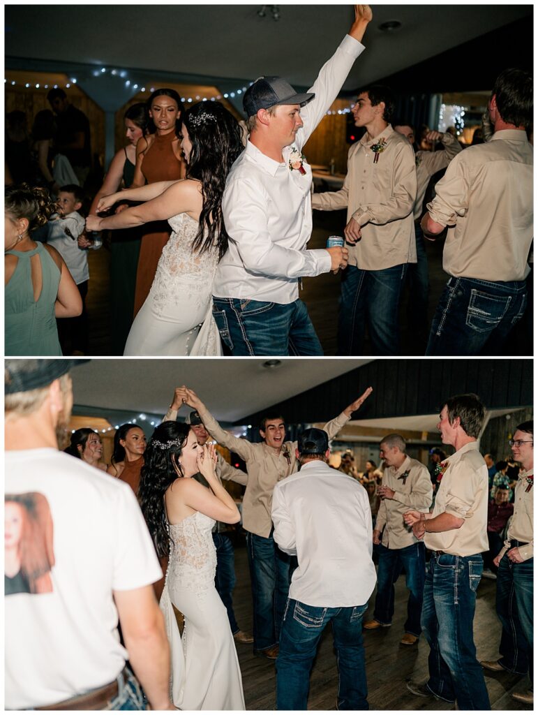 guests dance with bride and groom at reception by Rule Creative Co