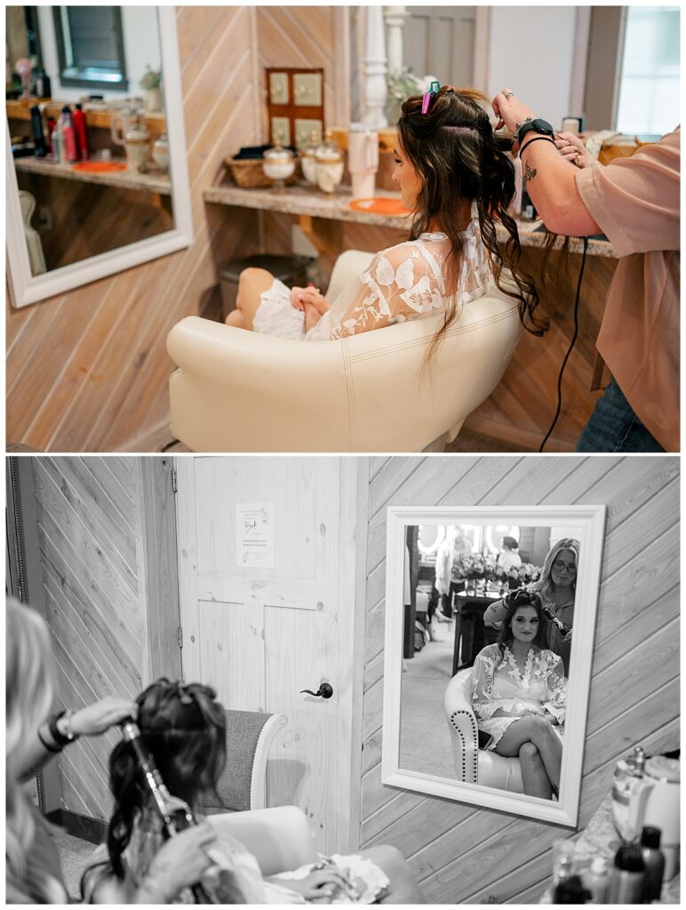 woman gets ready for summer wedding at The Barn at Stony Hill