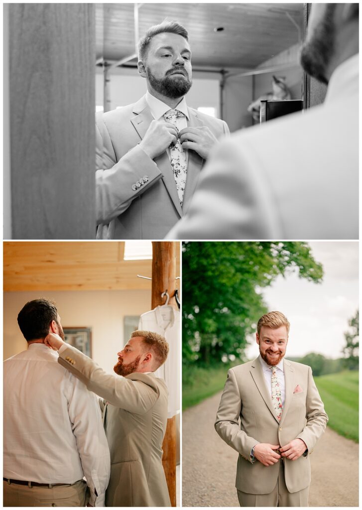 man gets ready for summer wedding at The Barn at Stony Hill