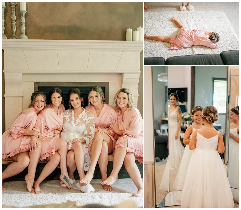 flower girl admires herself in the mirror by Minnesota wedding photographer