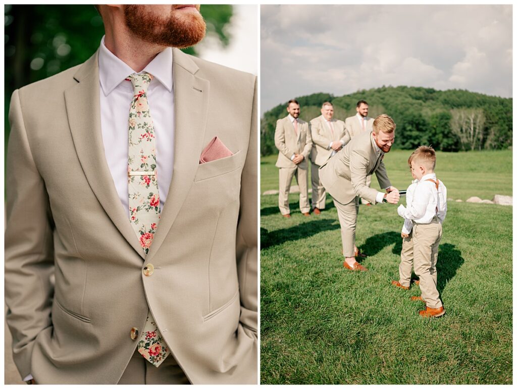 man fist bumps ring bearers at summer wedding at The Barn at Stony Hill