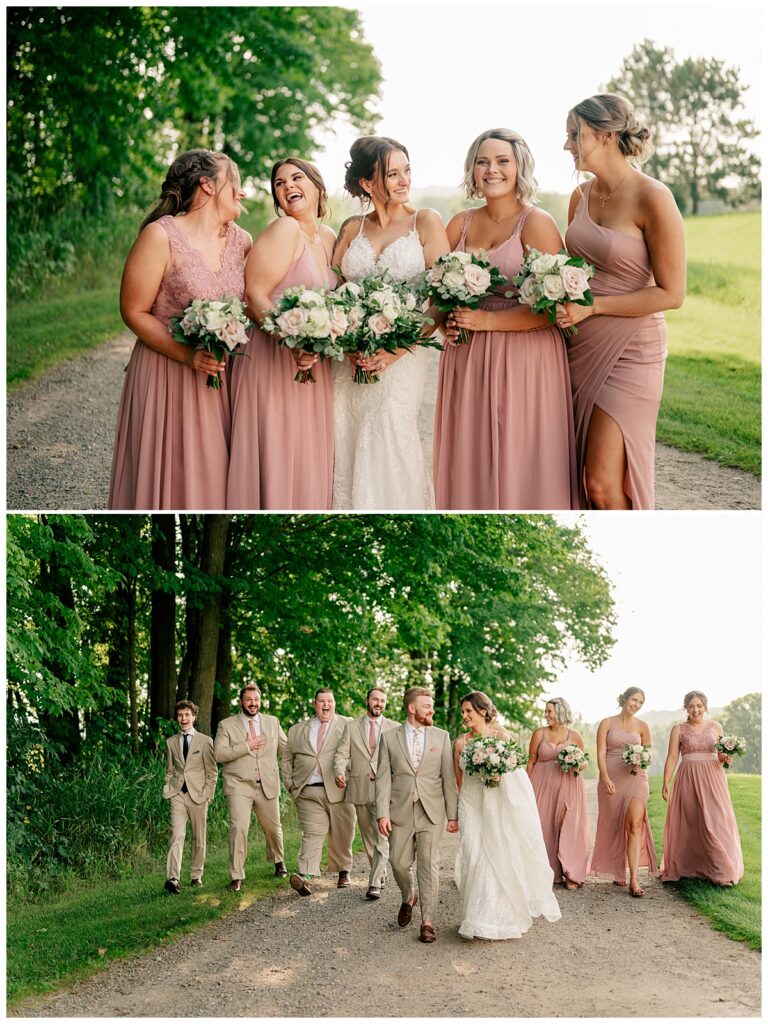 bridesmaids laugh together at summer wedding at The Barn at Stony Hill