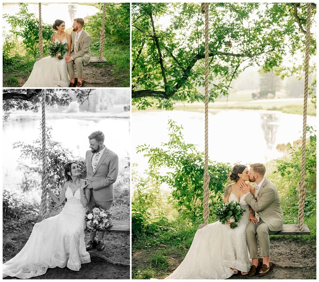 man and woman sit on large swing and kiss at summer wedding at The Barn at Stony Hill