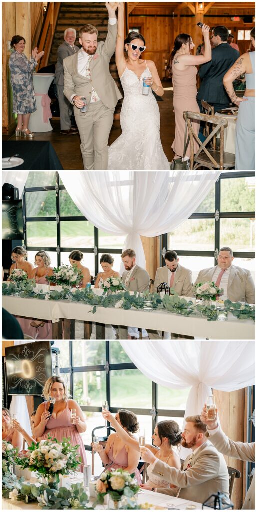 couple enters reception with drinks by Minnesota wedding photographer