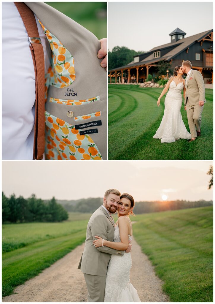 man opens suit coat to show personalization inside at summer wedding at The Barn at Stony Hill