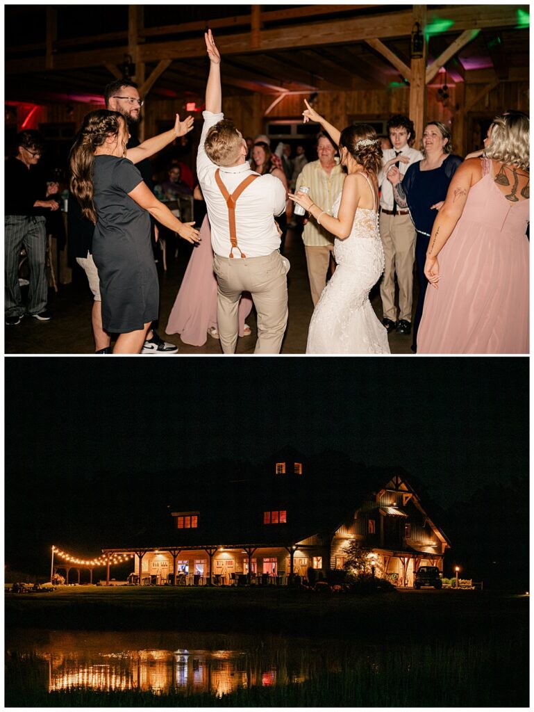 guests at summer wedding at The Barn at Stony Hill dance with couple at night 