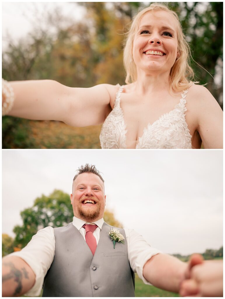 bride and groom grin as they spin holding hands by Rule Creative Co