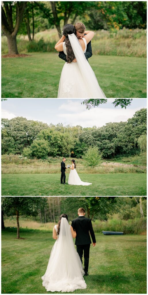 man and woman hug after first look before late summer wedding in Paynesville