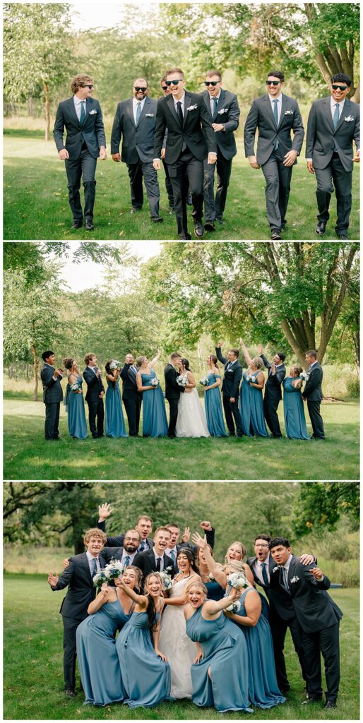 bridesmaids and groomsmen gather around man and woman at late summer wedding in Paynesville