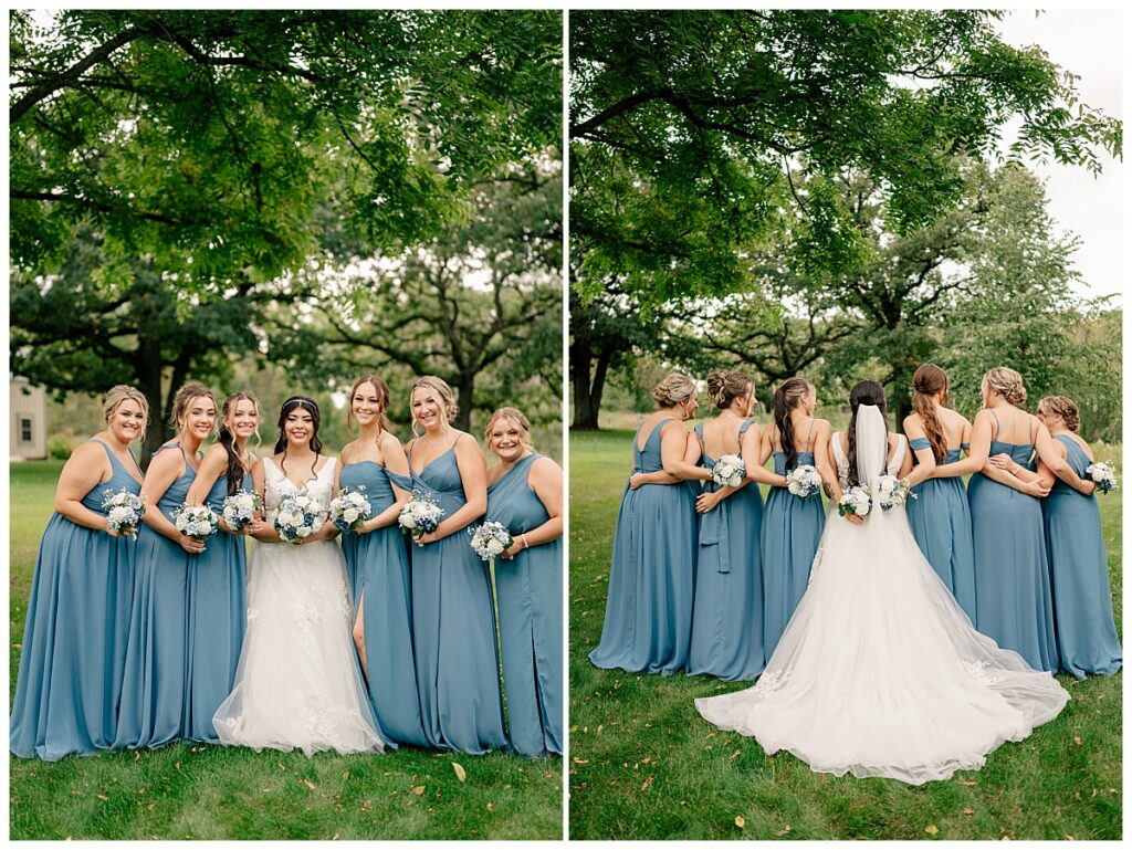 bridesmaids gather around bride by Minnesota wedding photographer