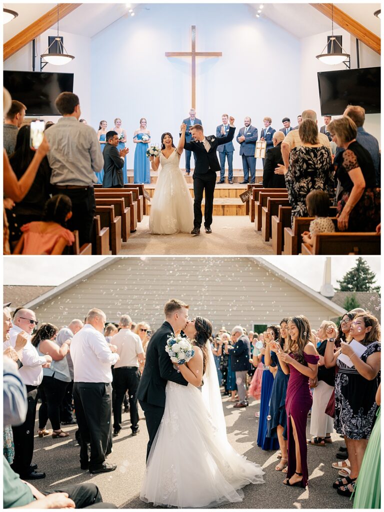 couple kisses while guests blow bubbles by Minnesota wedding photographer