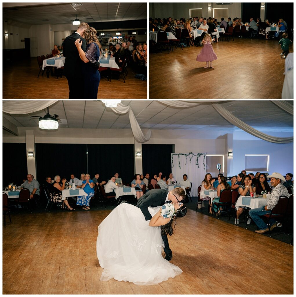 man dips woman and kisses her on the dance floor at late summer wedding in Paynesville