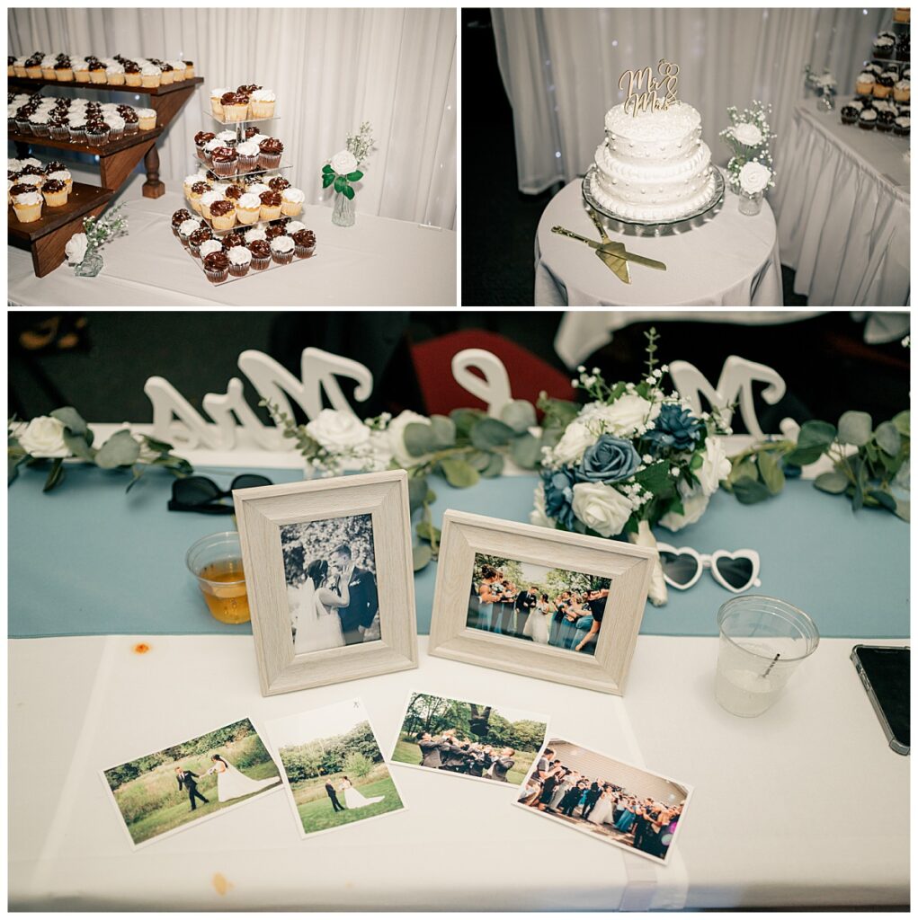 head table is arranged with framed photos by Minnesota wedding photographer