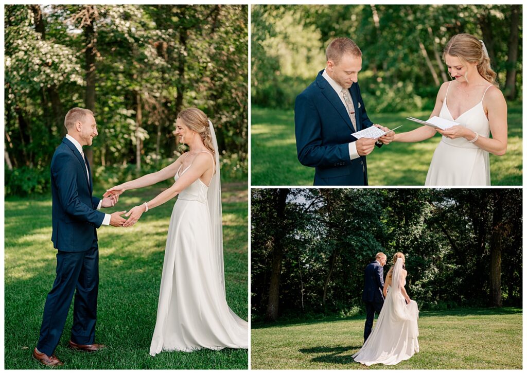 man and woman share first look at their Northern Oaks summer wedding