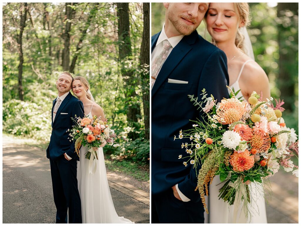 bride stands behind groom showing off her bouquet by Rule Creative Co