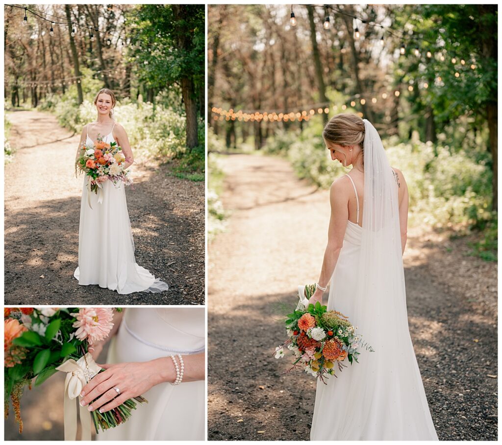 woman shows off bridal gown and florals at her Northern Oaks summer wedding