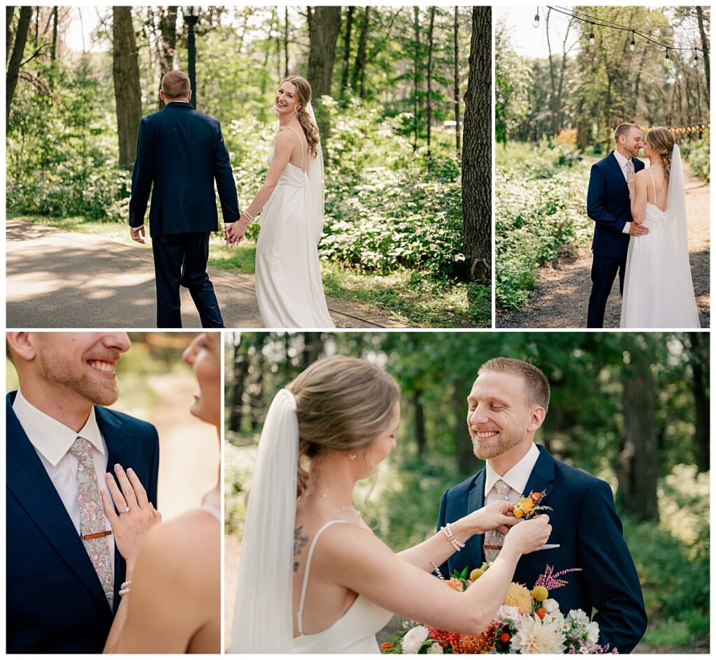 woman affixes boutonniere to man at Northern Oaks summer wedding