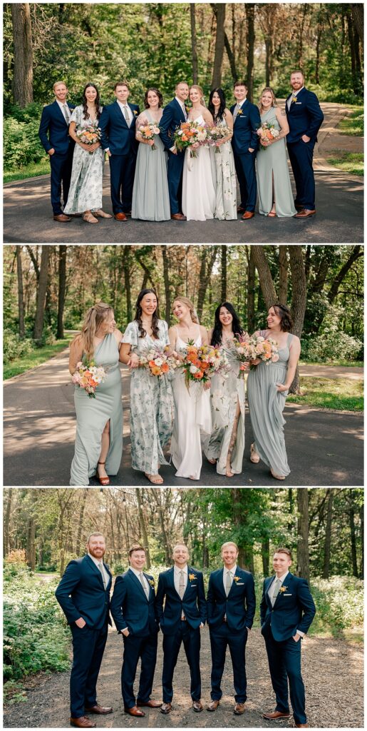 bridal party gathers around bride as they walk together by Minnesota wedding photographer