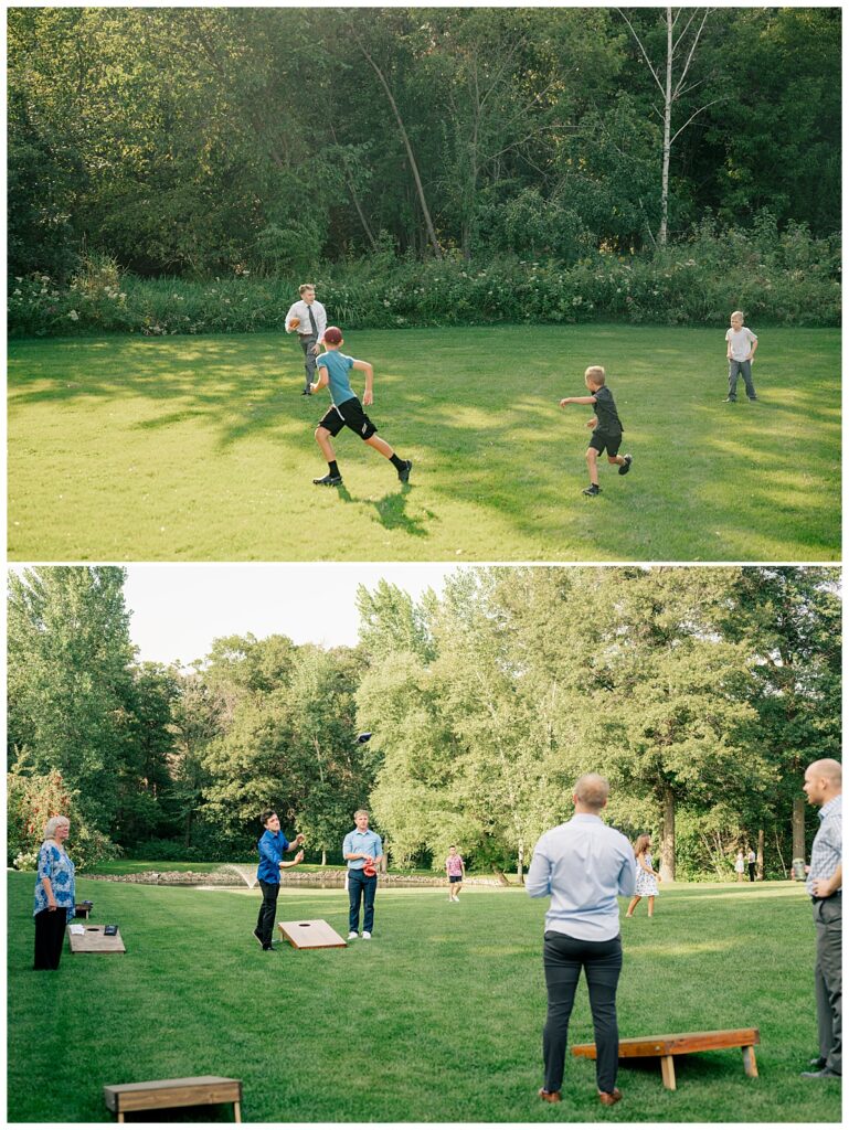 guests play games at the reception following Northern Oaks summer wedding