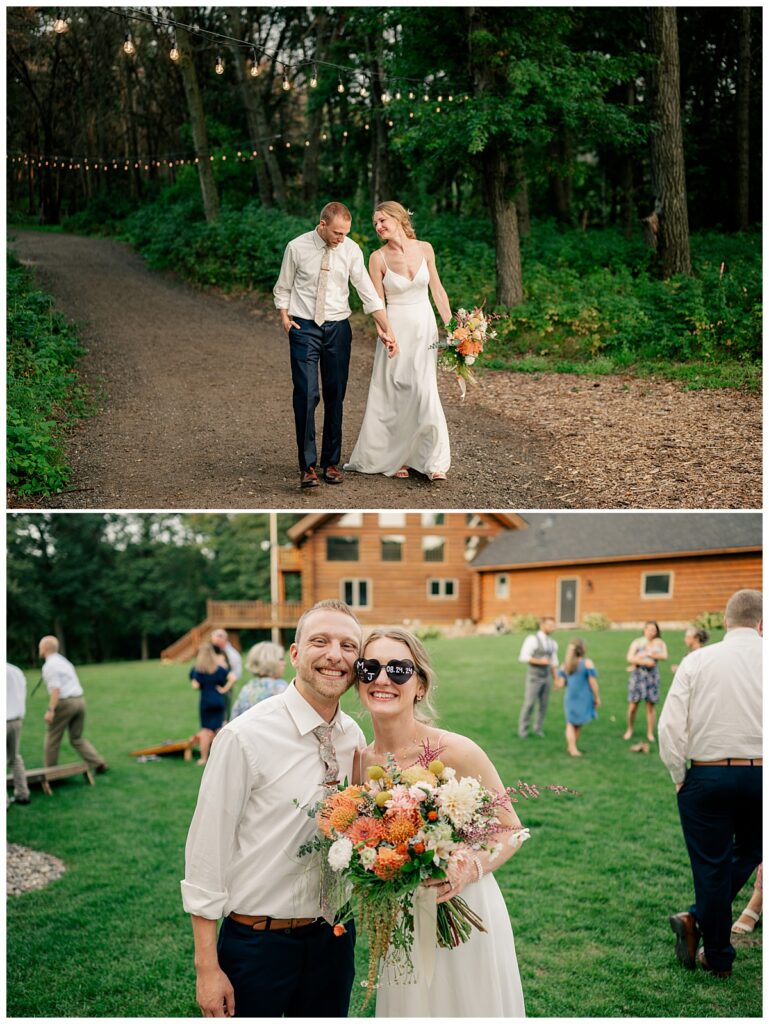 newlyweds walk together hand in hand by Minnesota wedding photographer