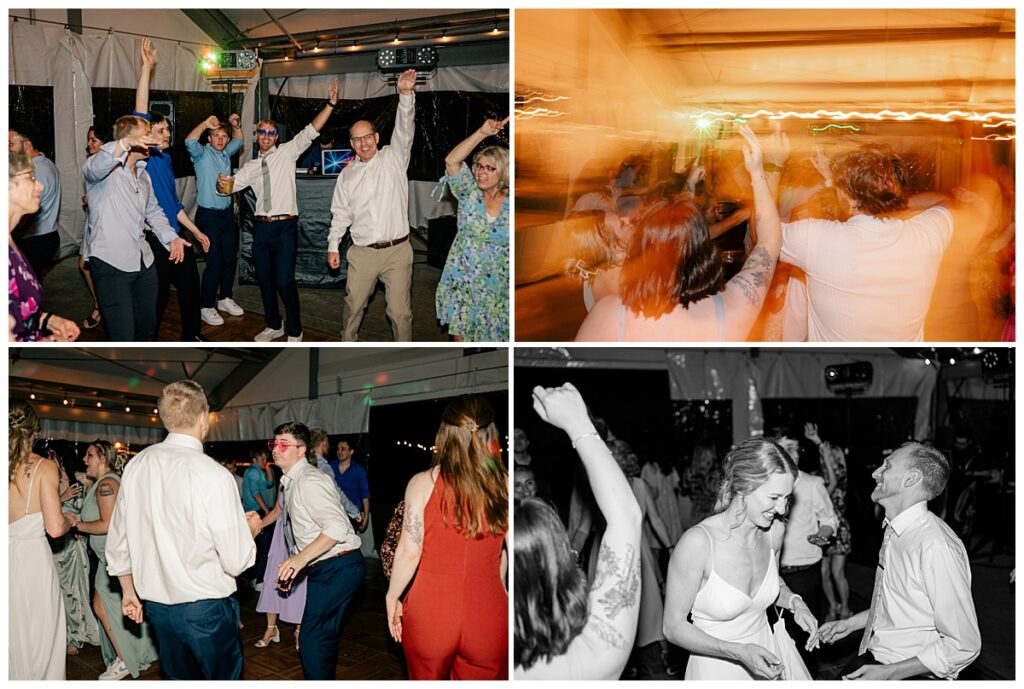 bride and groom laugh as they dance with guests at their reception by Rule Creative Co