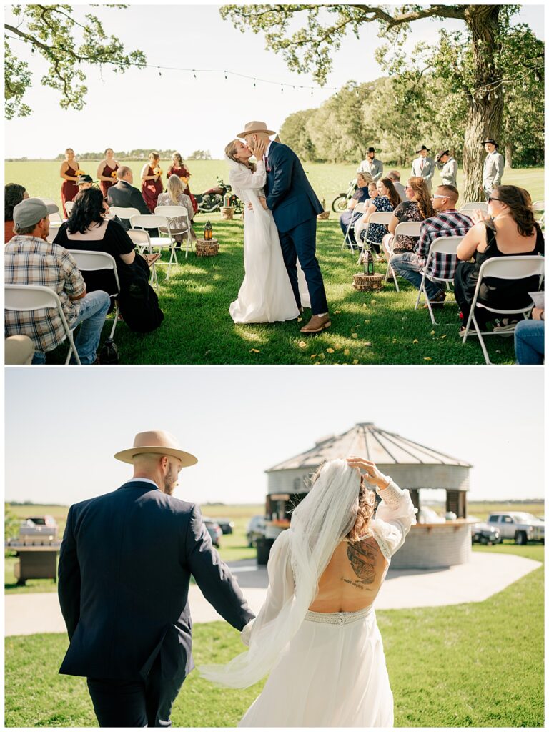 bride and groom kiss as they walk away from aisle by Rule Creative Co