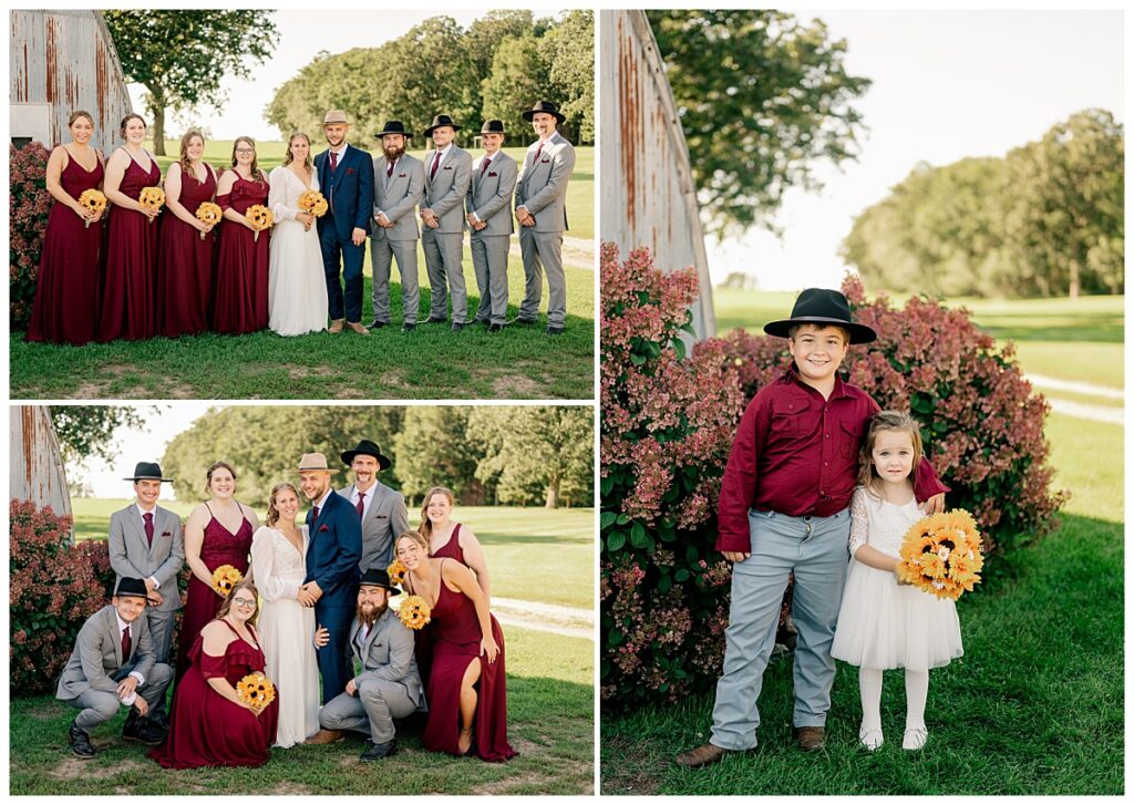 bridal party gathers outside barn after intimate outdoor summer wedding