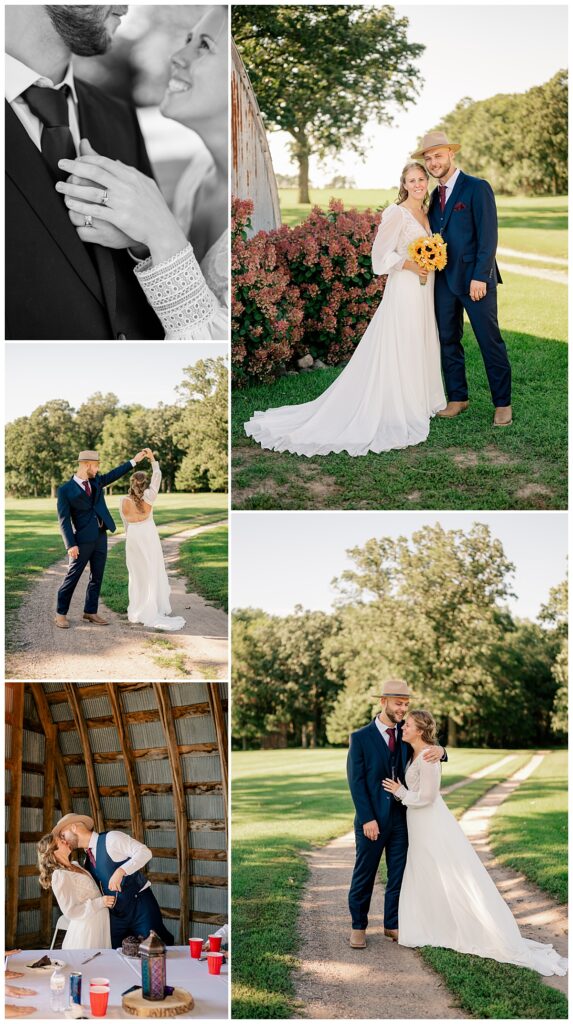 man spins woman at intimate outdoor summer wedding