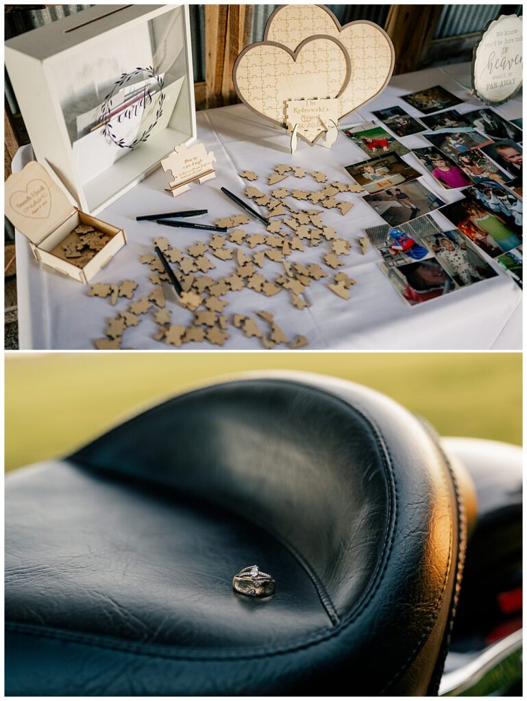 rings sit on motorcycle seat after intimate outdoor summer wedding