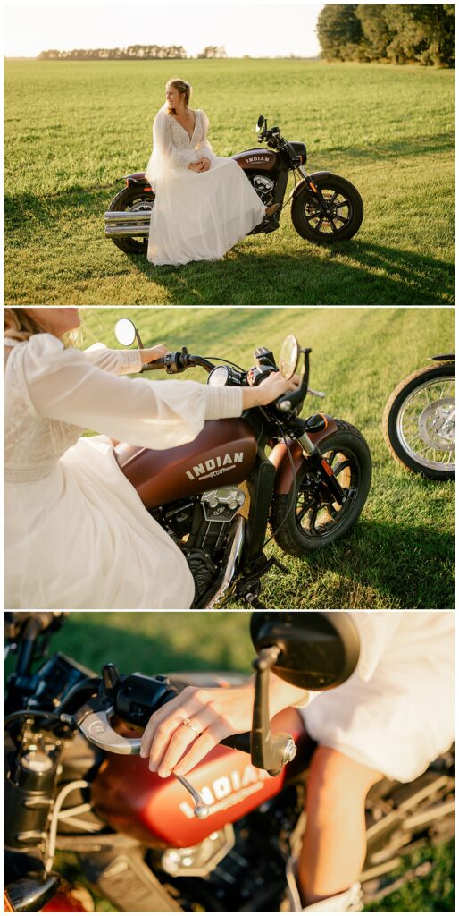 bride sits on motorcycle and shows off new ring by Minnesota wedding photographer