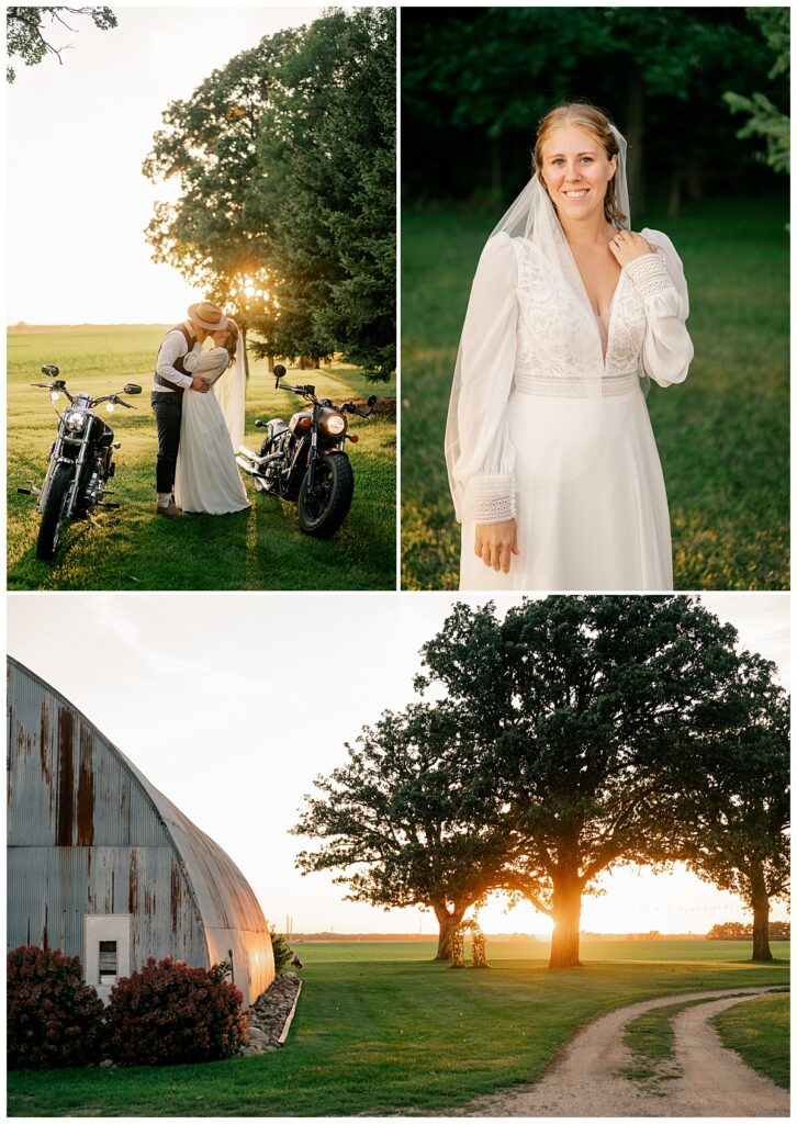 couple kiss between motorcycles as sun sets by Minnesota wedding photographer