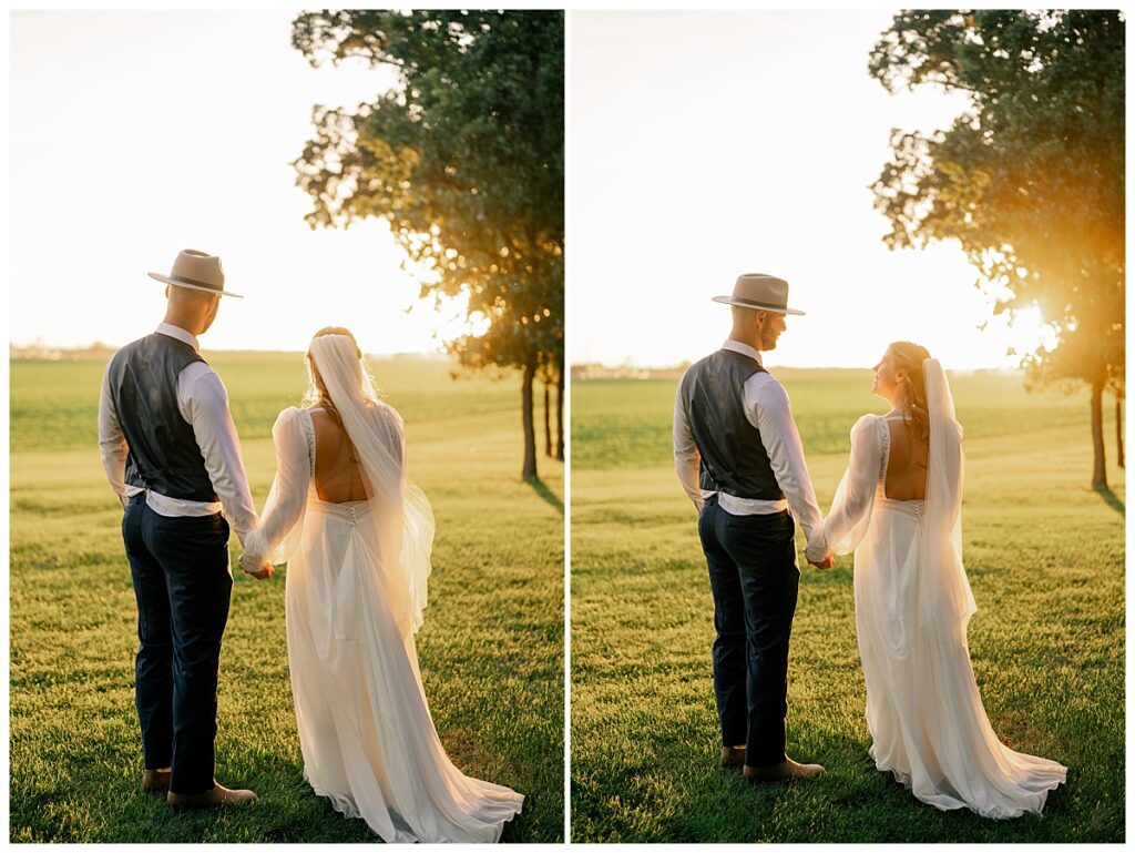 bride and groom hold hands as they look toward the sunset by Rule Creative Co