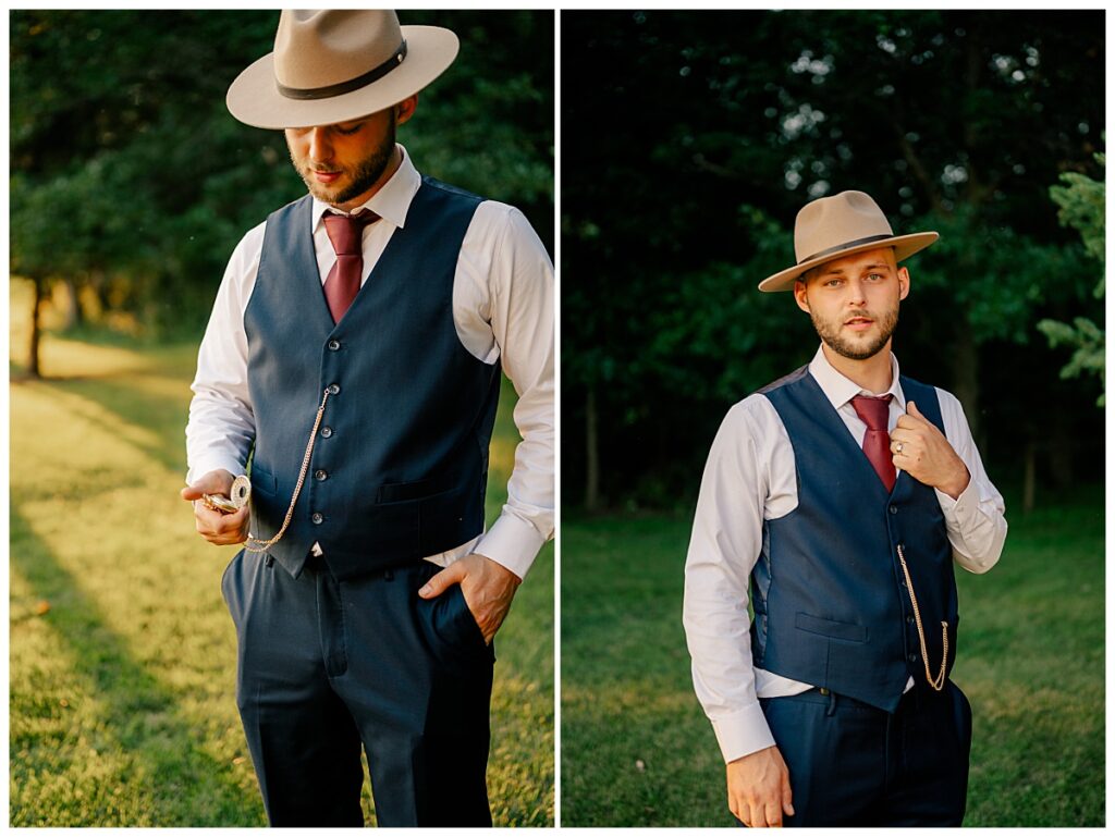 man looks at pocket watch after intimate outdoor summer wedding