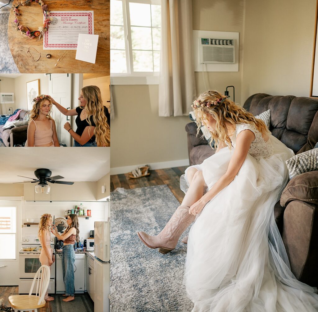 bride puts on boots for romantic Black Hills Elopement