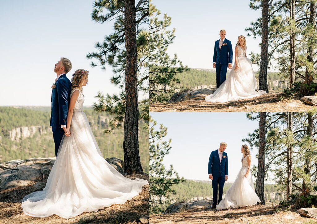 bride and groom stand back to back for first look by Minnesota Wedding Photographer 