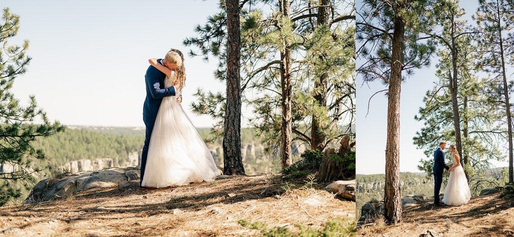 couple embraces on a hilltop before ceremony for Black Hills Elopement