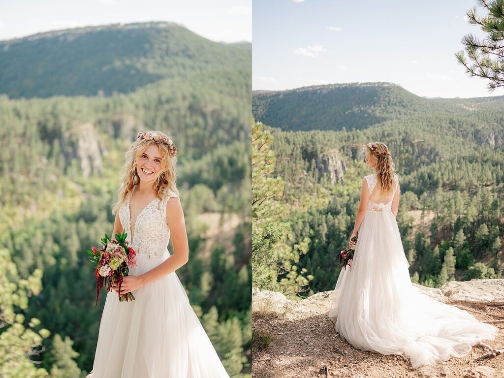 bride with flowers in her hair and lace gown by Minnesota wedding photographer 