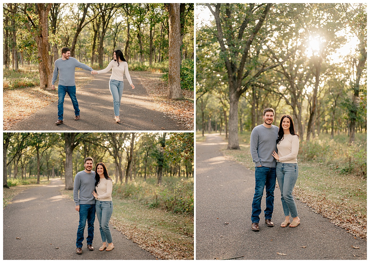 engaged couple walk on pathway in golden hour by Rule Creative Co