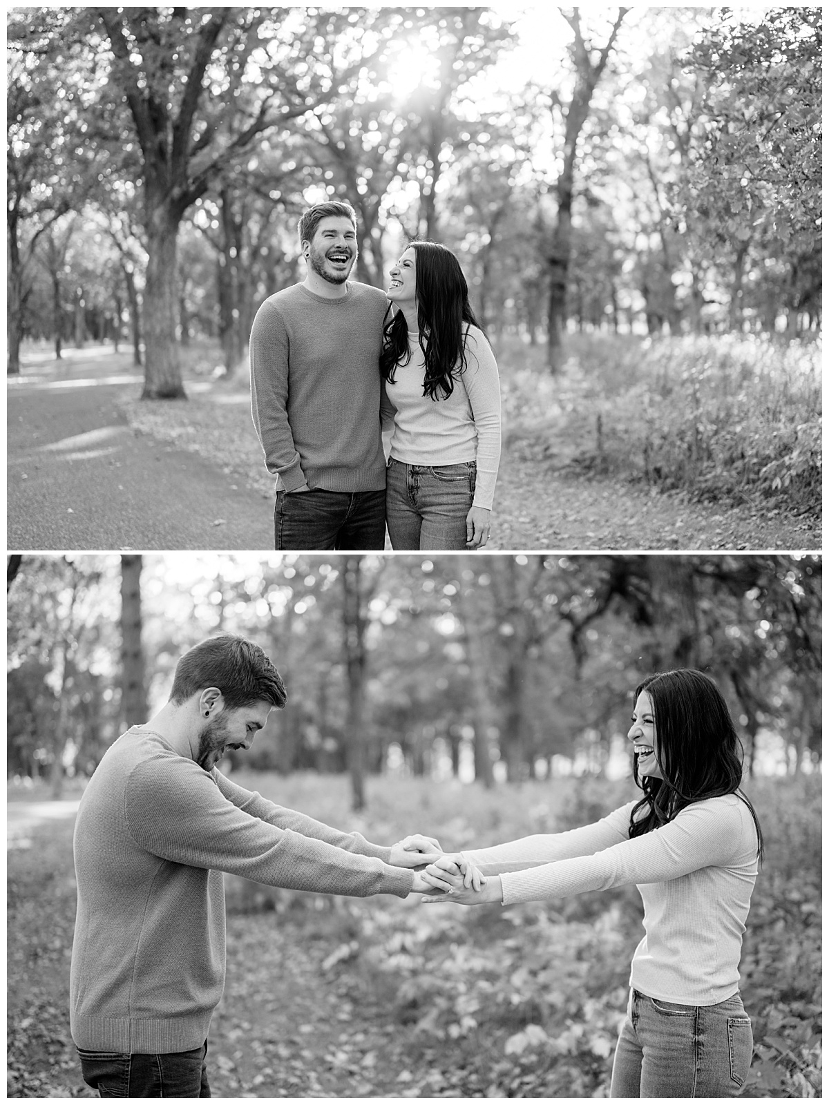 man and woman laughing together outside by Minnesota wedding photographer