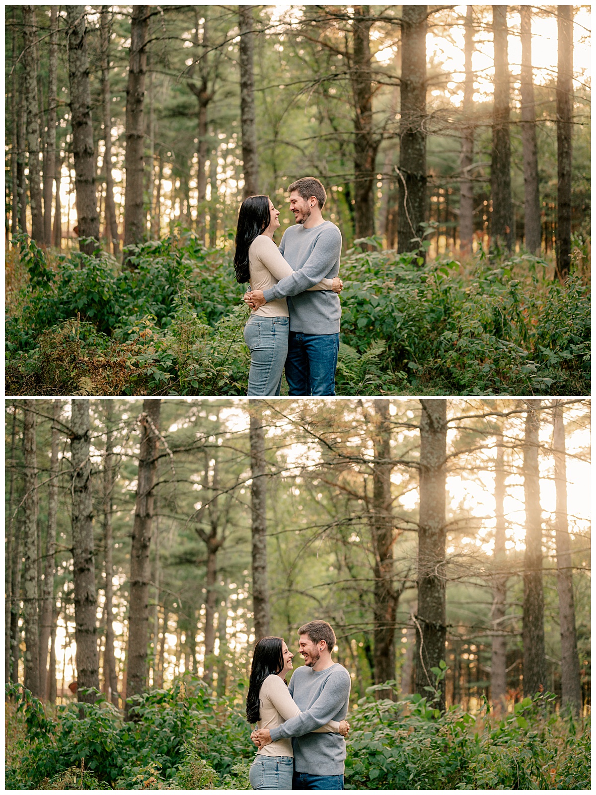 engaged couple giggle at each other during golden hour at Belle Prairie Park