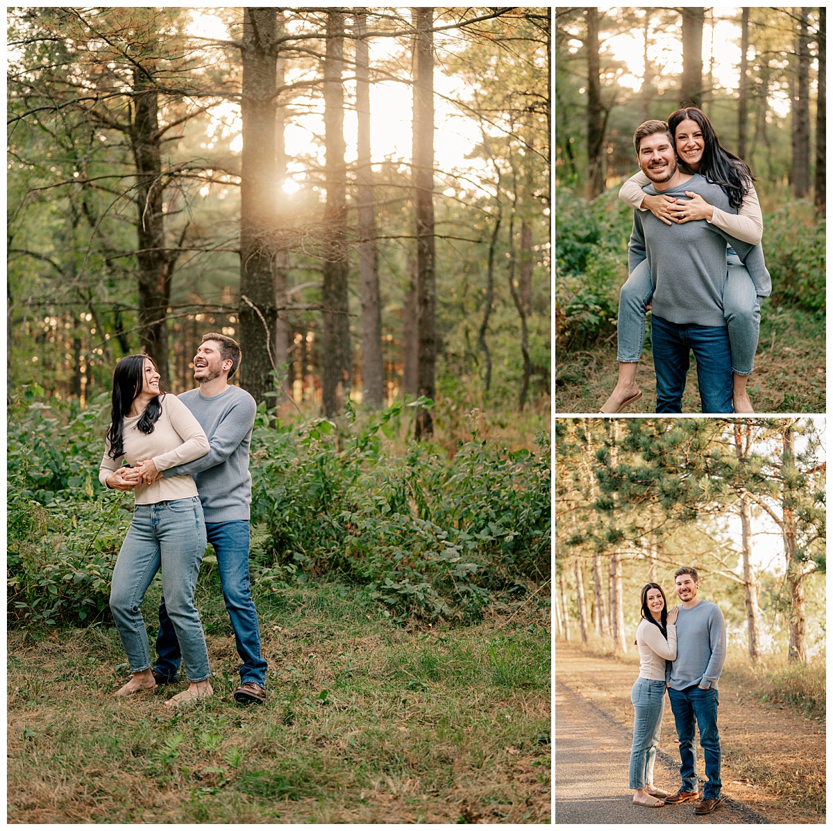 engaged couple laughing under the trees in evening light by Rule Creative Co