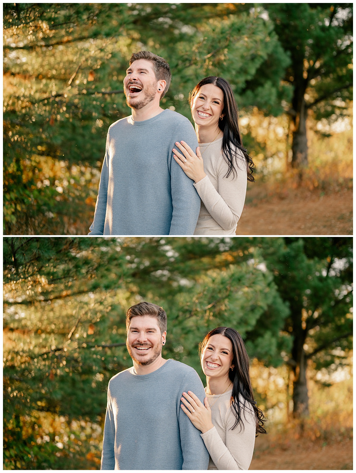 man laughs loudly while fiance hugs him by Rule Creative Co