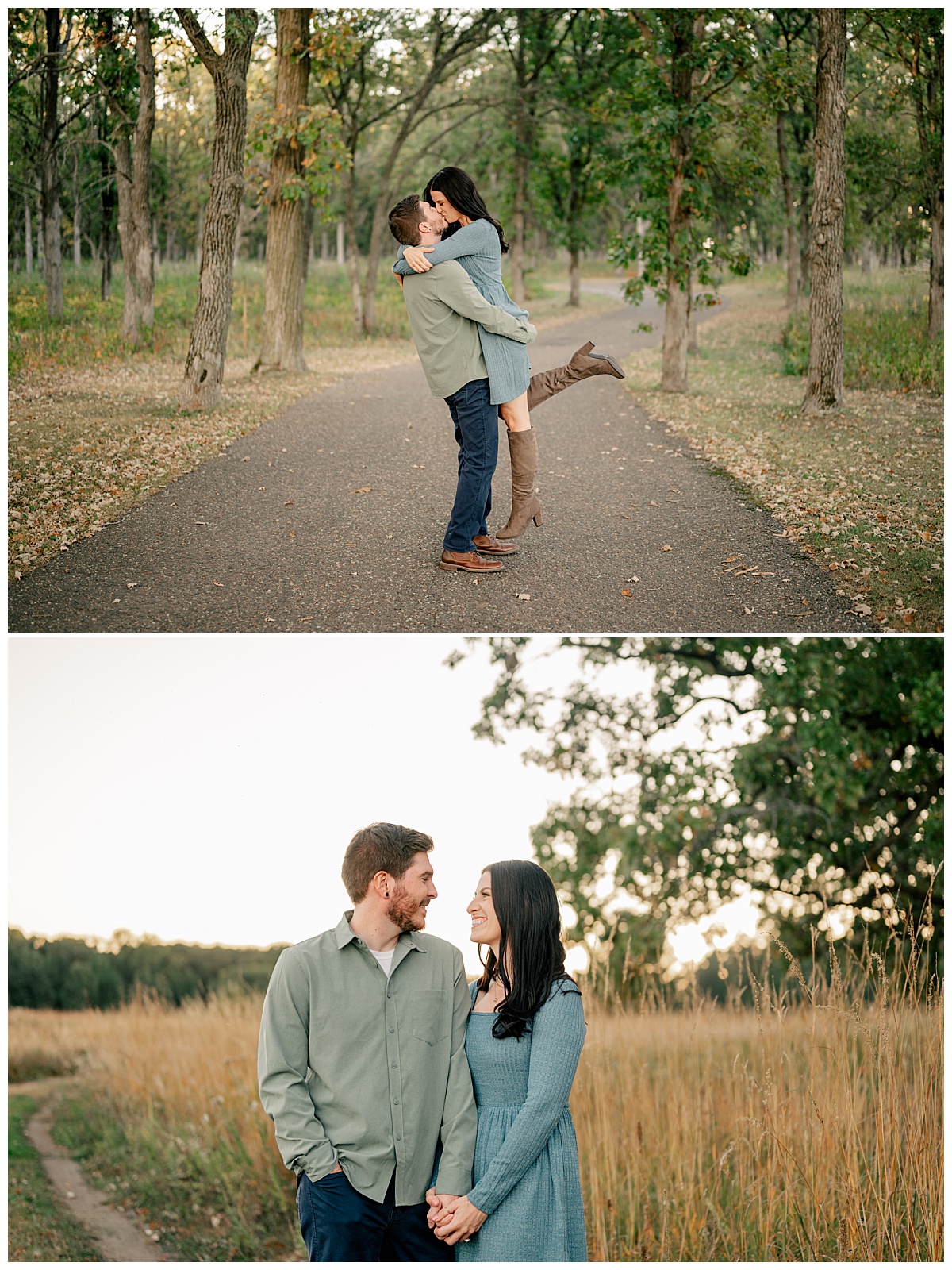 groom-to-be holds up his fiance for a kiss by Minnesota wedding photographer