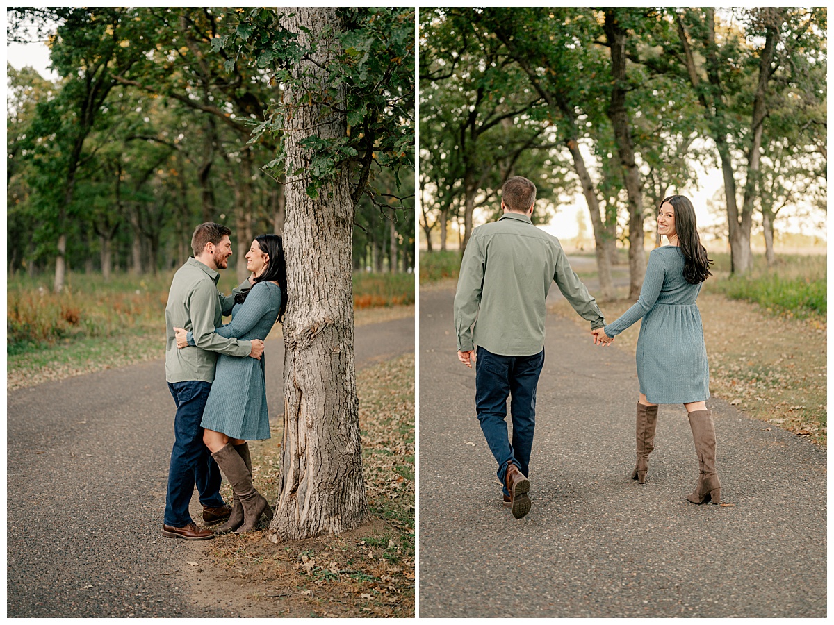 man leans wife to be against tree for kiss at Belle Prairie Park